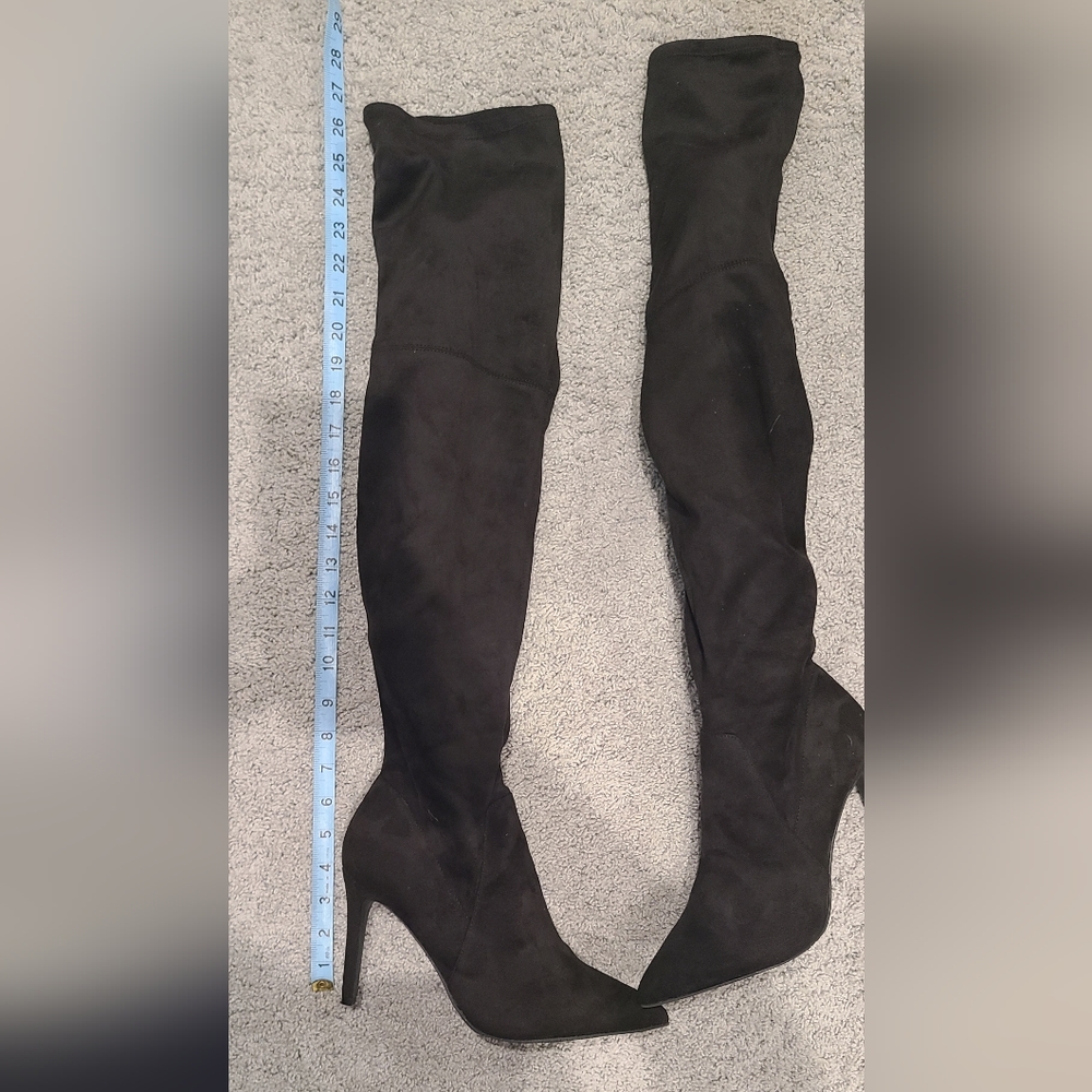 Black thigh-high heeled boot faux suede